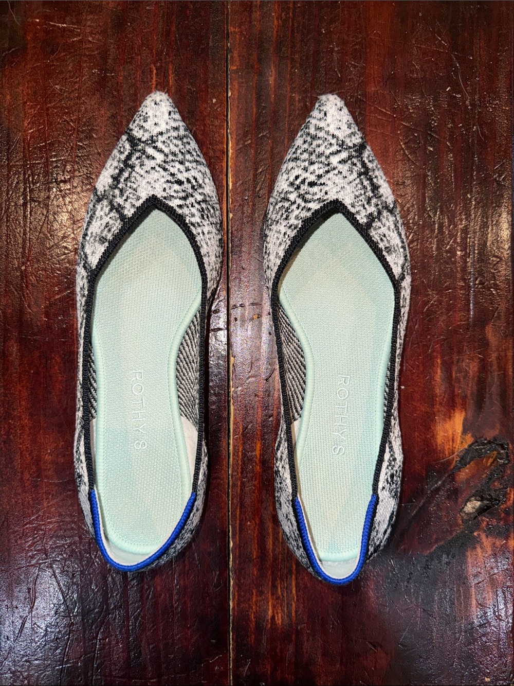 Rothy's Pointed Flat in Black & White Snake with Blue Trim